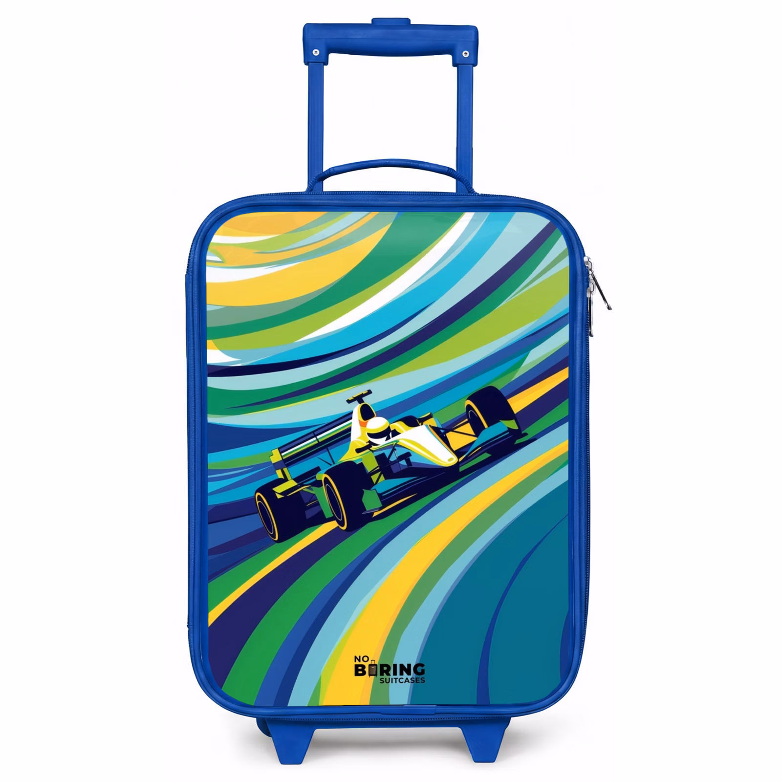 Kinderkoffer Blau - Rennwagen auf gestreiftem Hintergrund — 1