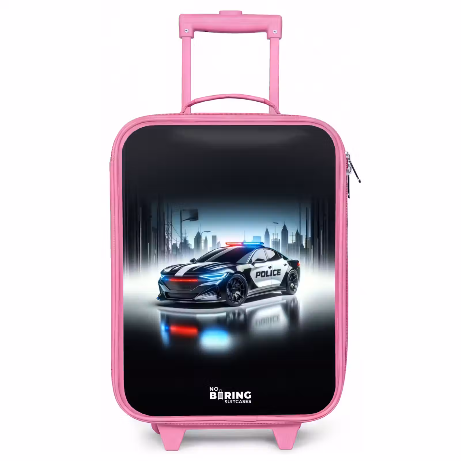 Kinderkoffer Rosa - Schwarz-weißes Polizeiauto vor einer Skyline — 1