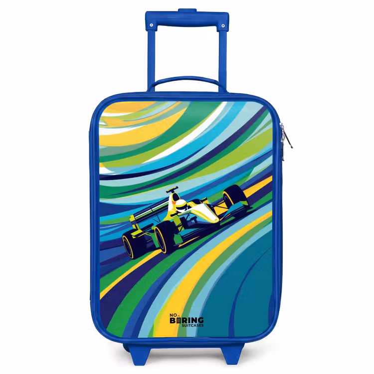 Kinderkoffer Blau - Rennwagen auf gestreiftem Hintergrund — 1