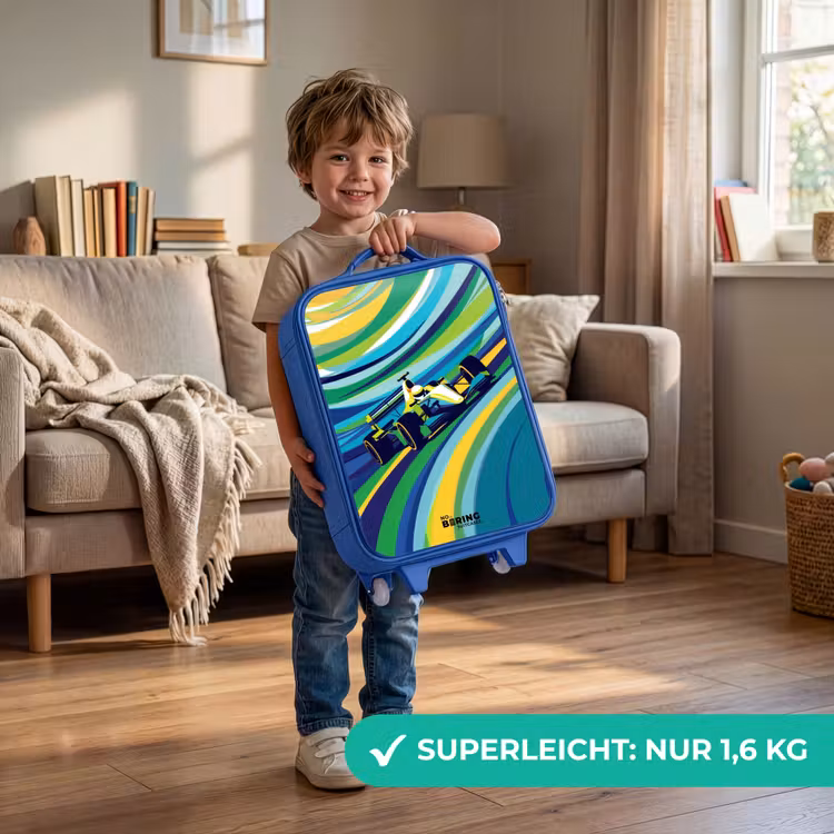 Kinderkoffer Blau - Rennwagen auf gestreiftem Hintergrund — 3