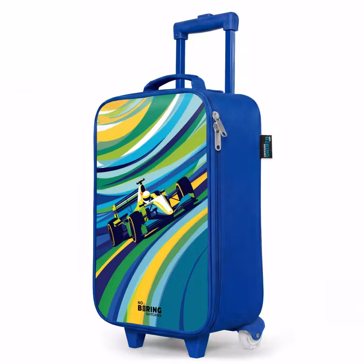 Kinderkoffer Blau - Rennwagen auf gestreiftem Hintergrund — 8