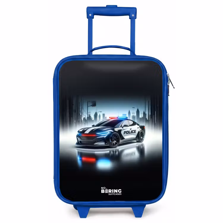 Kinderkoffer Blau - Schwarz-weißes Polizeiauto vor einer Skyline — 1