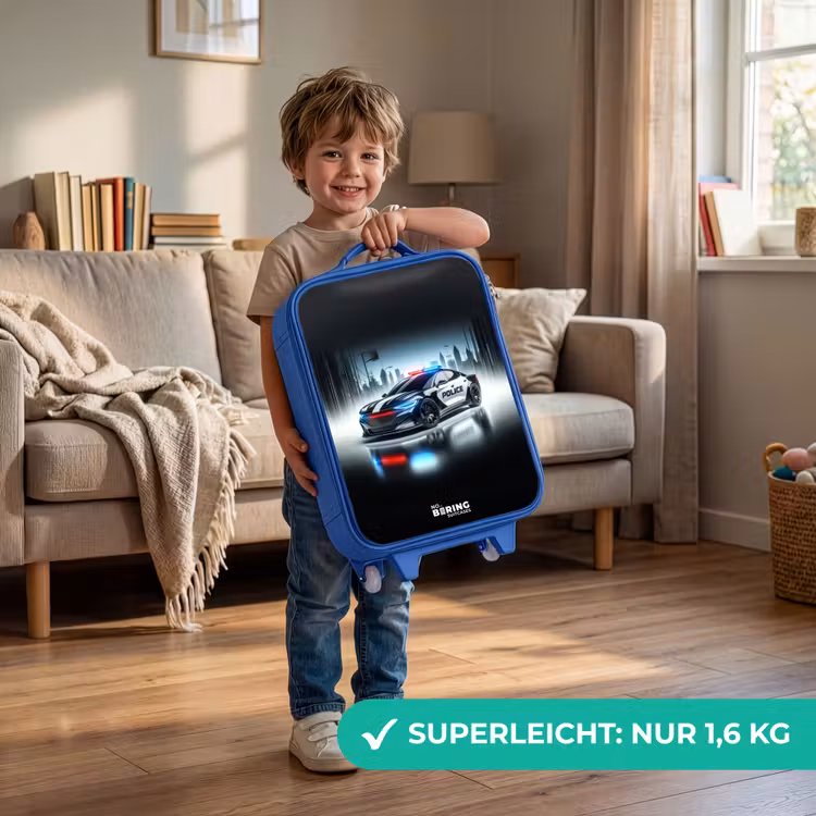 Kinderkoffer Blau - Schwarz-weißes Polizeiauto vor einer Skyline — 3