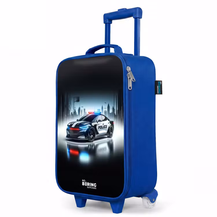 Kinderkoffer Blau - Schwarz-weißes Polizeiauto vor einer Skyline — 8