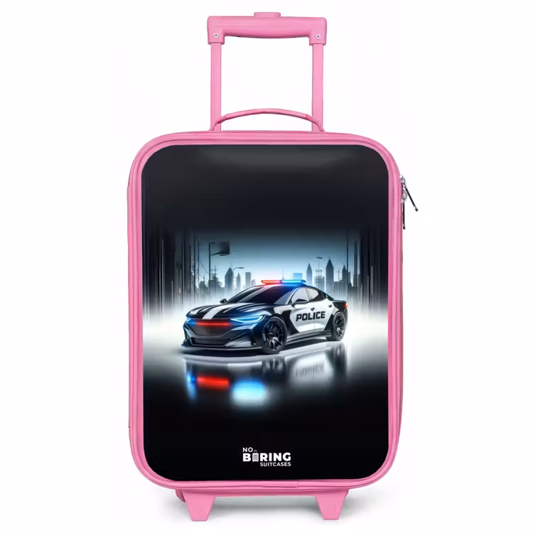 Kinderkoffer Rosa - Schwarz-weißes Polizeiauto vor einer Skyline — 1