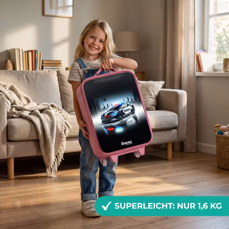 Kinderkoffer Rosa - Schwarz-weißes Polizeiauto vor einer Skyline — 3