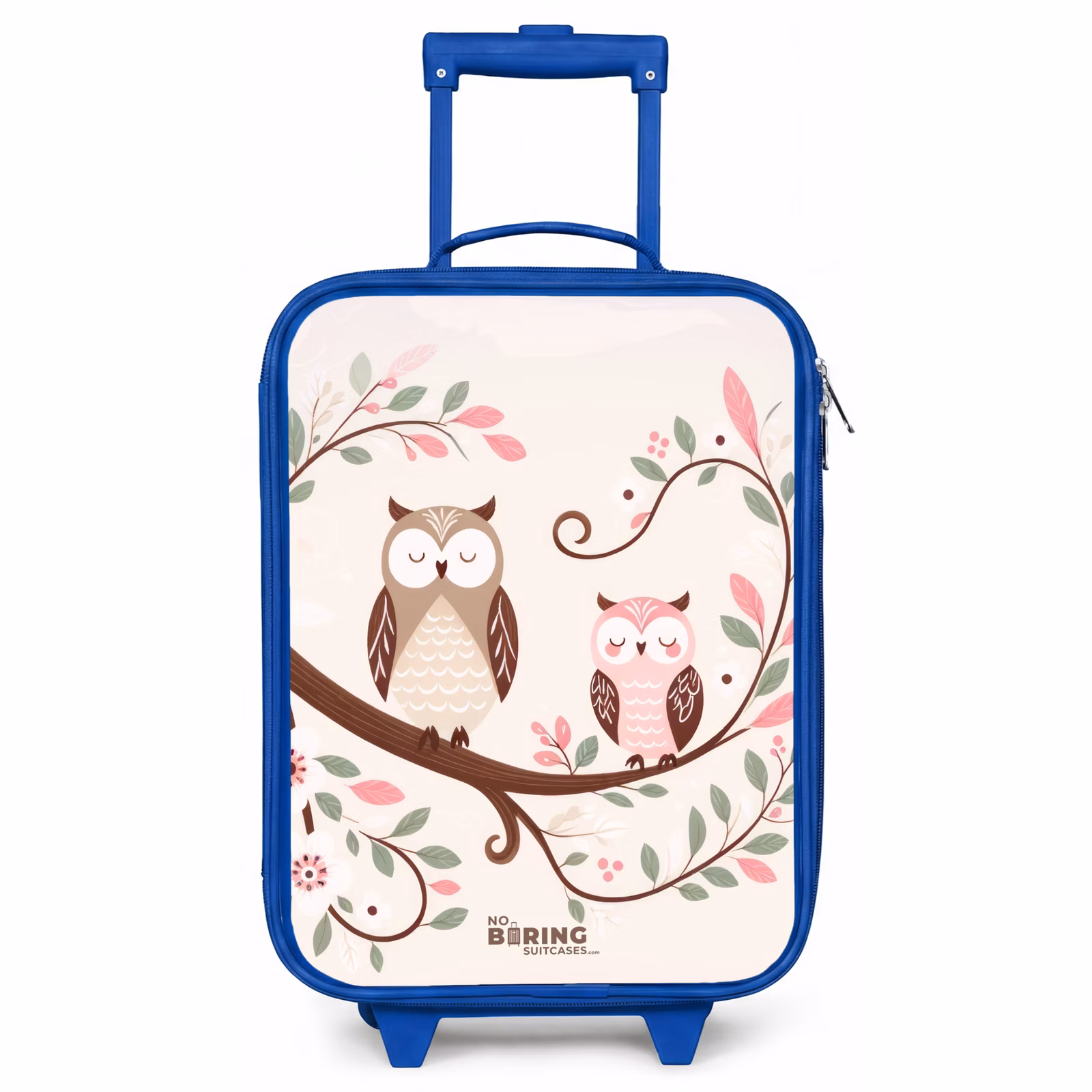 Kinderkoffer Blau - Zwei Eulen auf einem Zweig mit rosa und grünen Blättern — 1