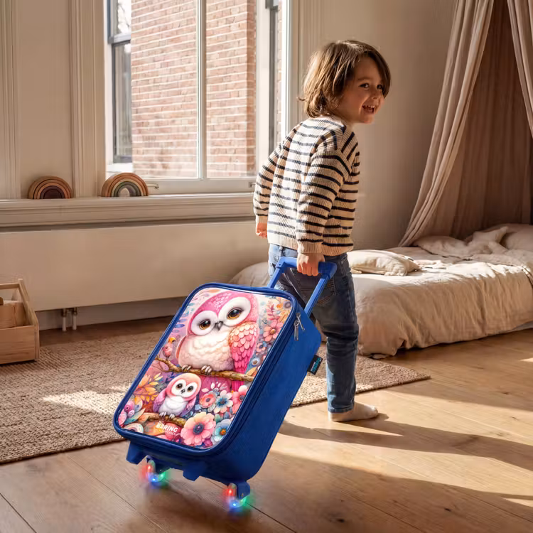 Kinderkoffer Blau - Mutter Eule mit Küken zwischen bunten Blumen — 2