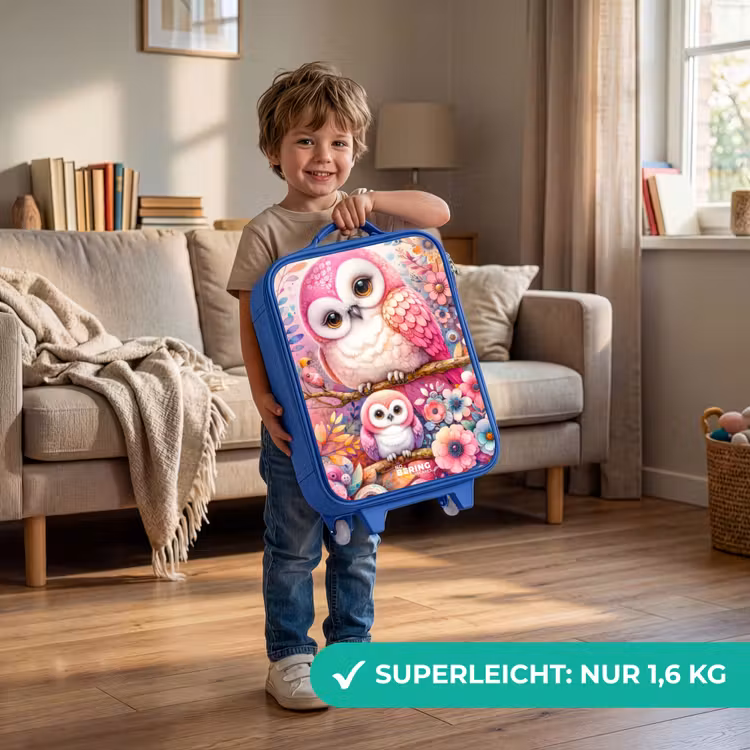 Kinderkoffer Blau - Mutter Eule mit Küken zwischen bunten Blumen — 3