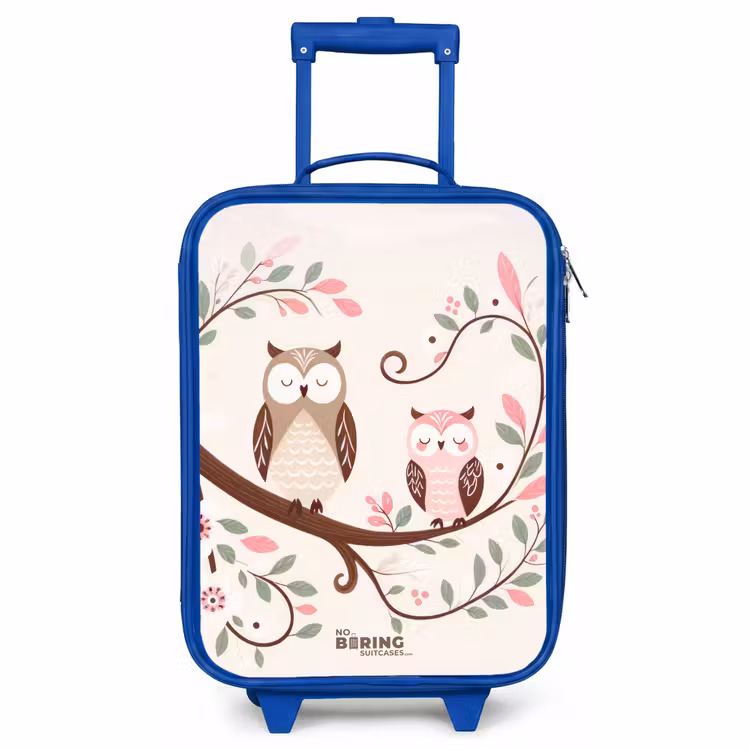 Kinderkoffer Blau - Zwei Eulen auf einem Zweig mit rosa und grünen Blättern — 1