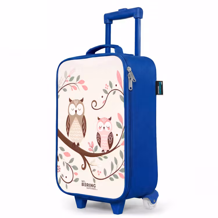 Kinderkoffer Blau - Zwei Eulen auf einem Zweig mit rosa und grünen Blättern — 8