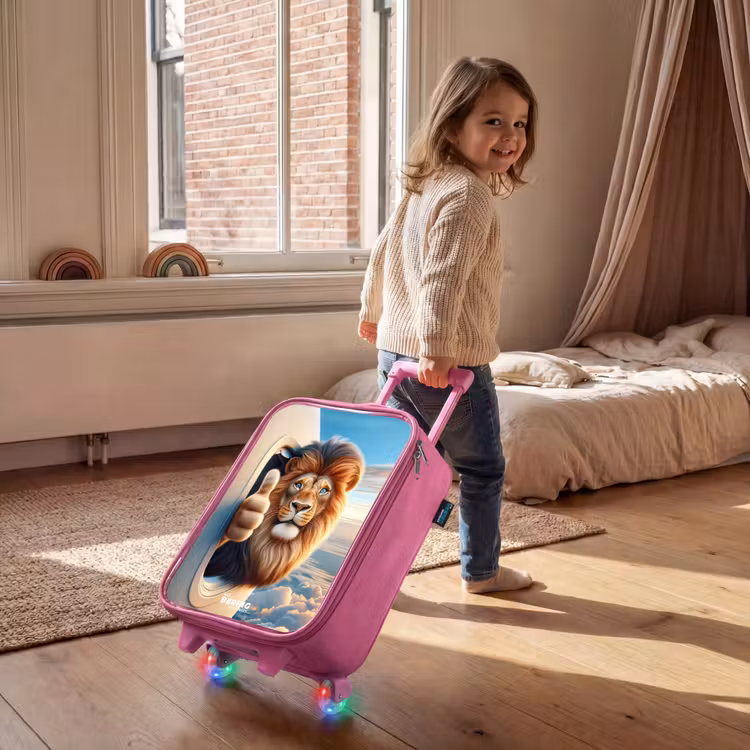 Kinderkoffer Rosa - Löwe mit erhobenem Daumen aus dem Flugzeugfenster — 2