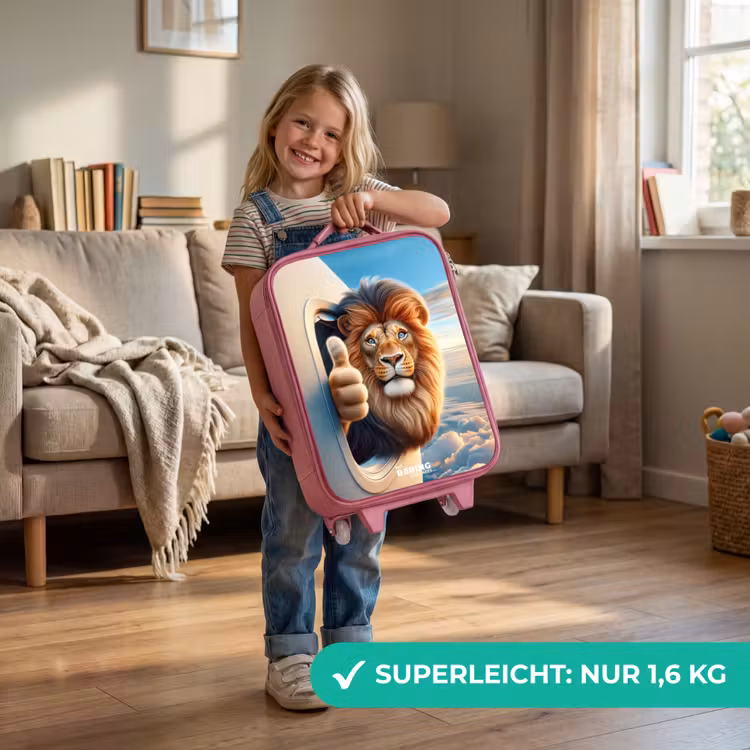 Kinderkoffer Rosa - Löwe mit erhobenem Daumen aus dem Flugzeugfenster — 3