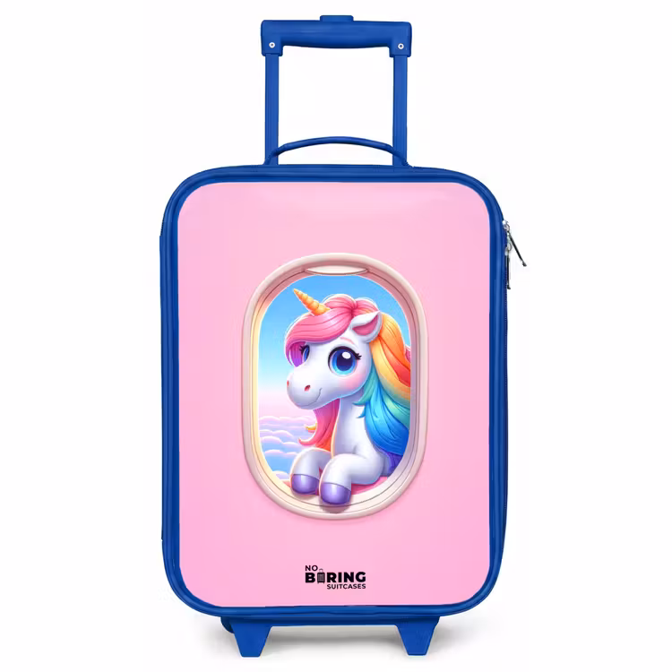 Kinderkoffer Blau - Buntes Einhorn aus einem Flugzeugfenster — 1