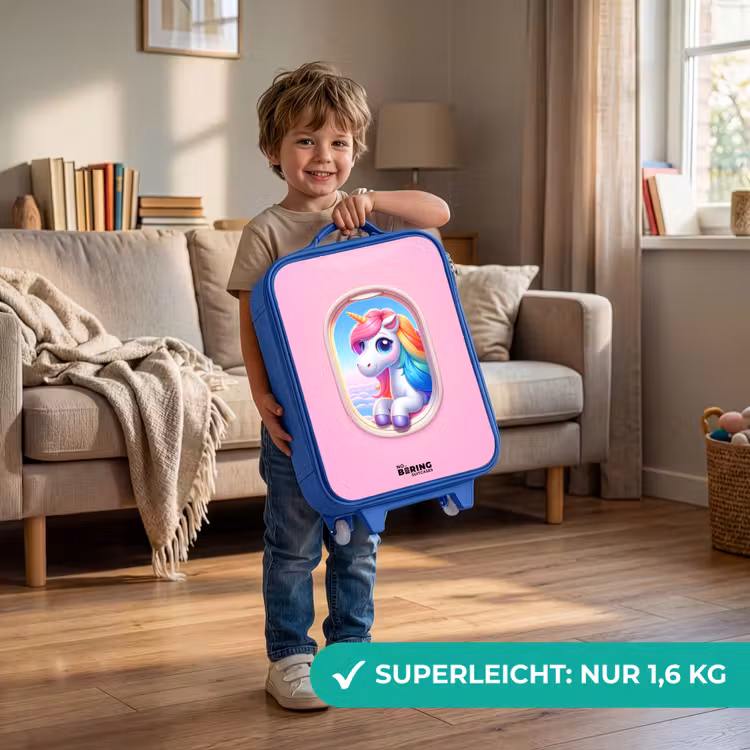 Kinderkoffer Blau - Buntes Einhorn aus einem Flugzeugfenster — 3