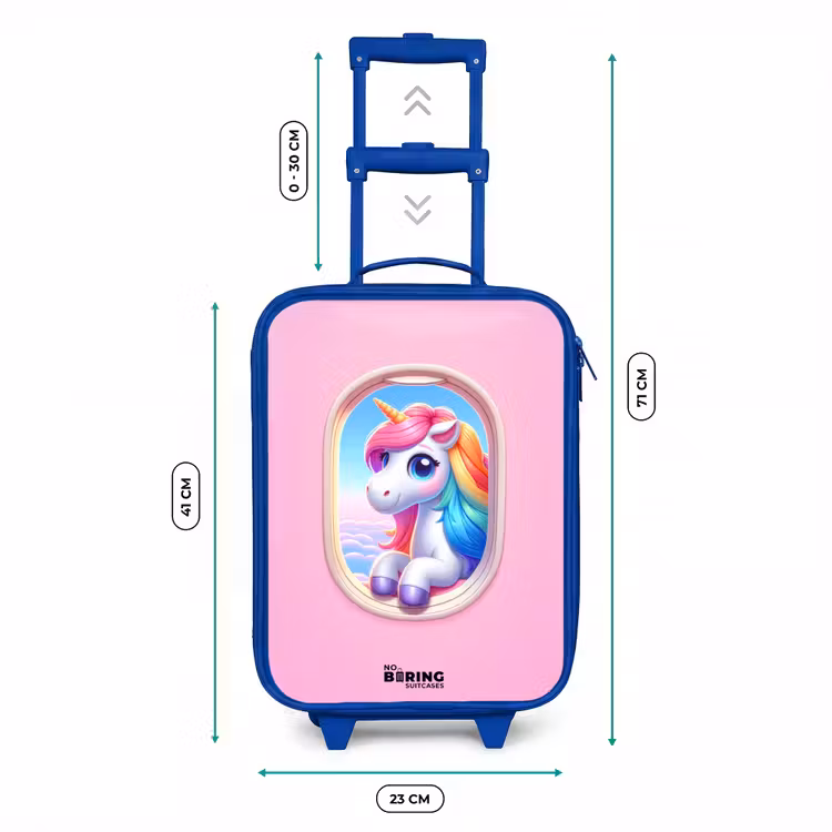 Kinderkoffer Blau - Buntes Einhorn aus einem Flugzeugfenster — 7