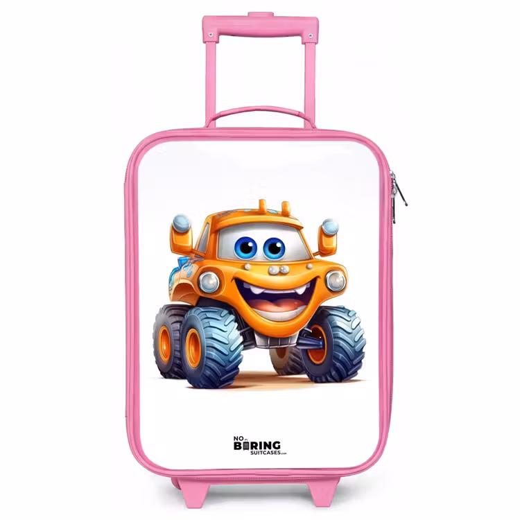 Kinderkoffer Rosa - Orangefarbener Monstertruck lächelnd — 1