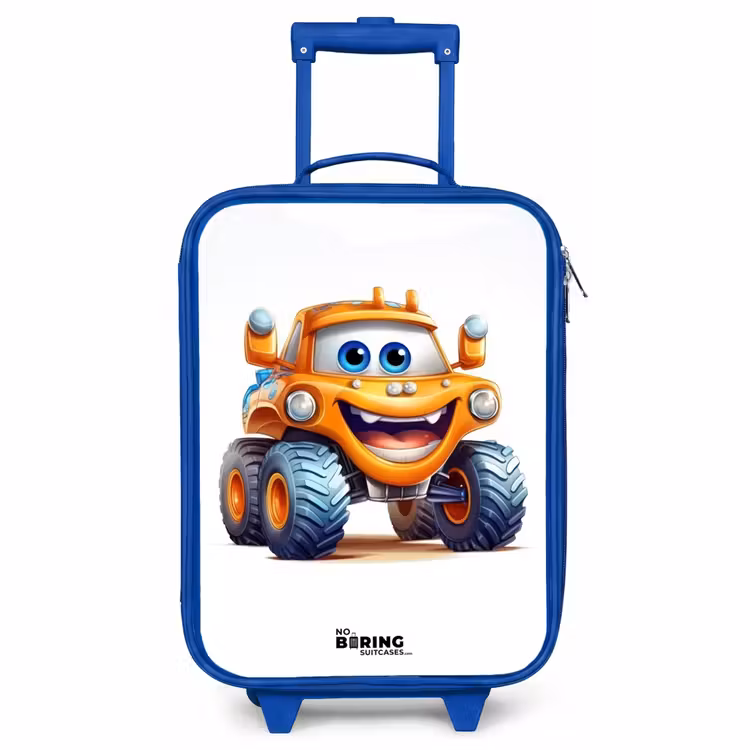 Kinderkoffer Blau - Orangefarbener Monstertruck lächelnd — 1