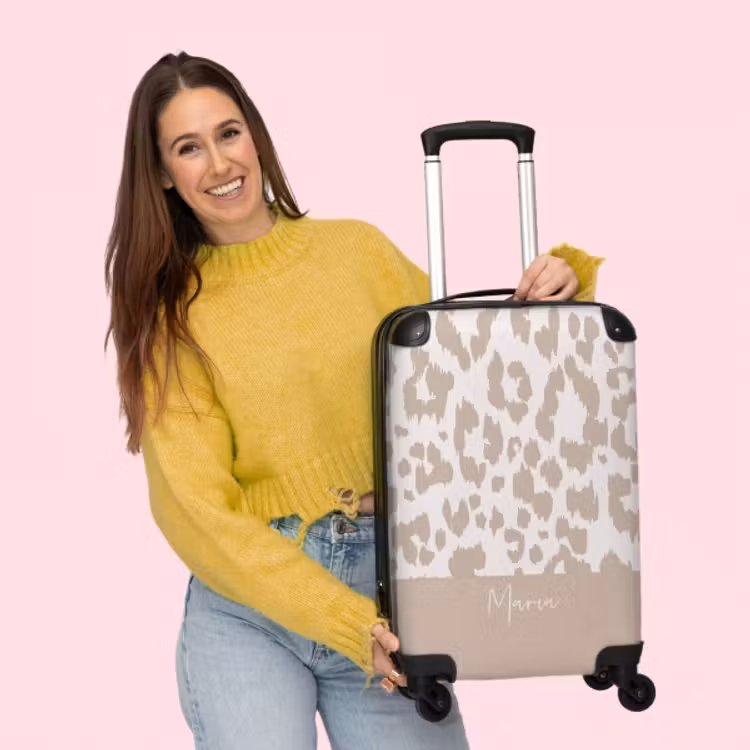 Koffer mit Name - Leopardenmuster in Taupe mit Weiß — 4