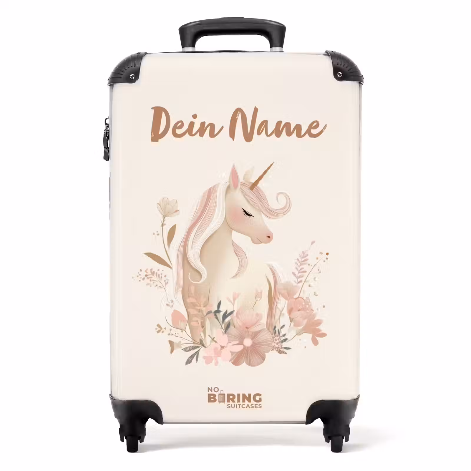 Koffer mit Name - Einhorn zwischen Blumen in rosa Pastellfarben — 1
