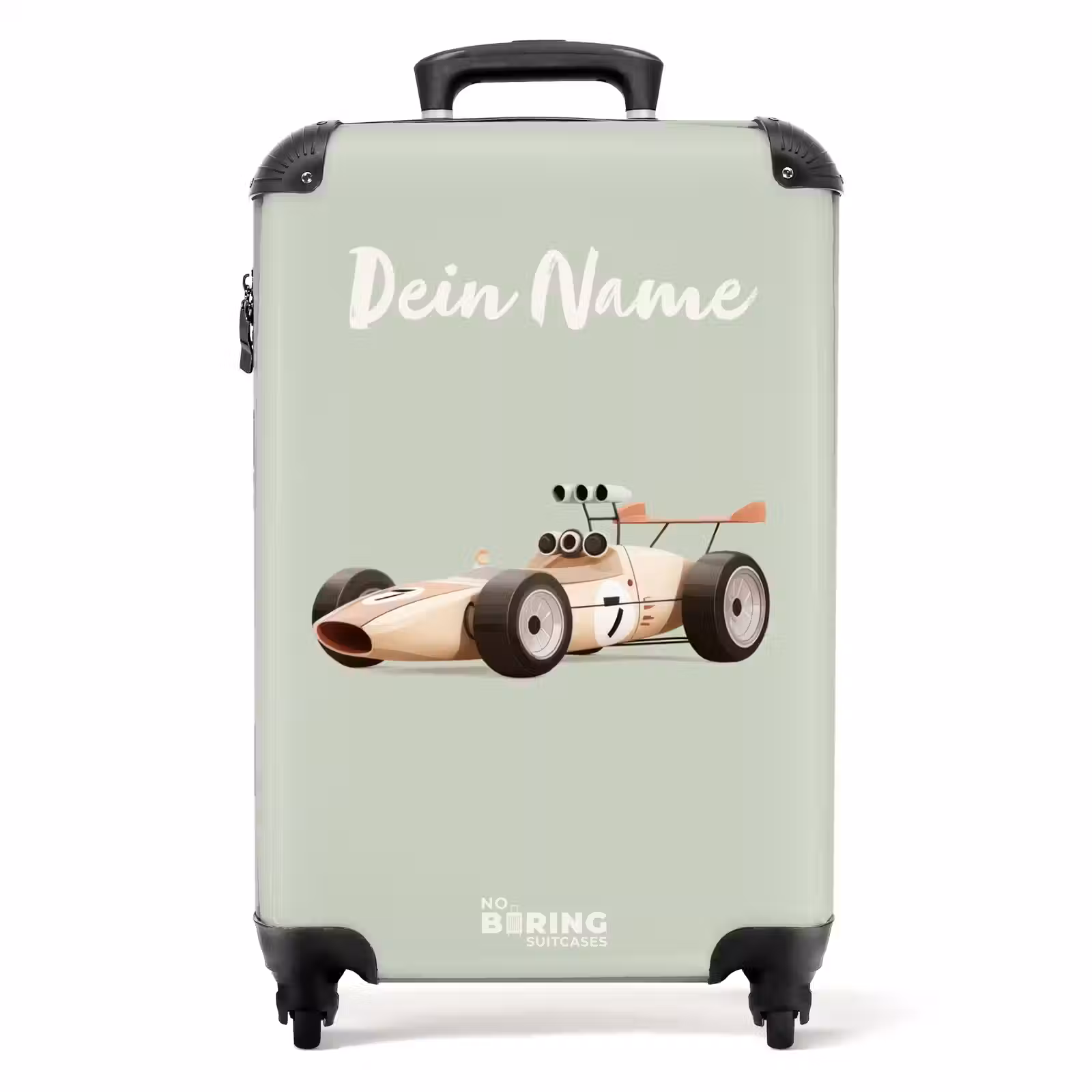 Koffer mit Name - Beiger Retro-Rennwagen auf grünem Hintergrund — 1