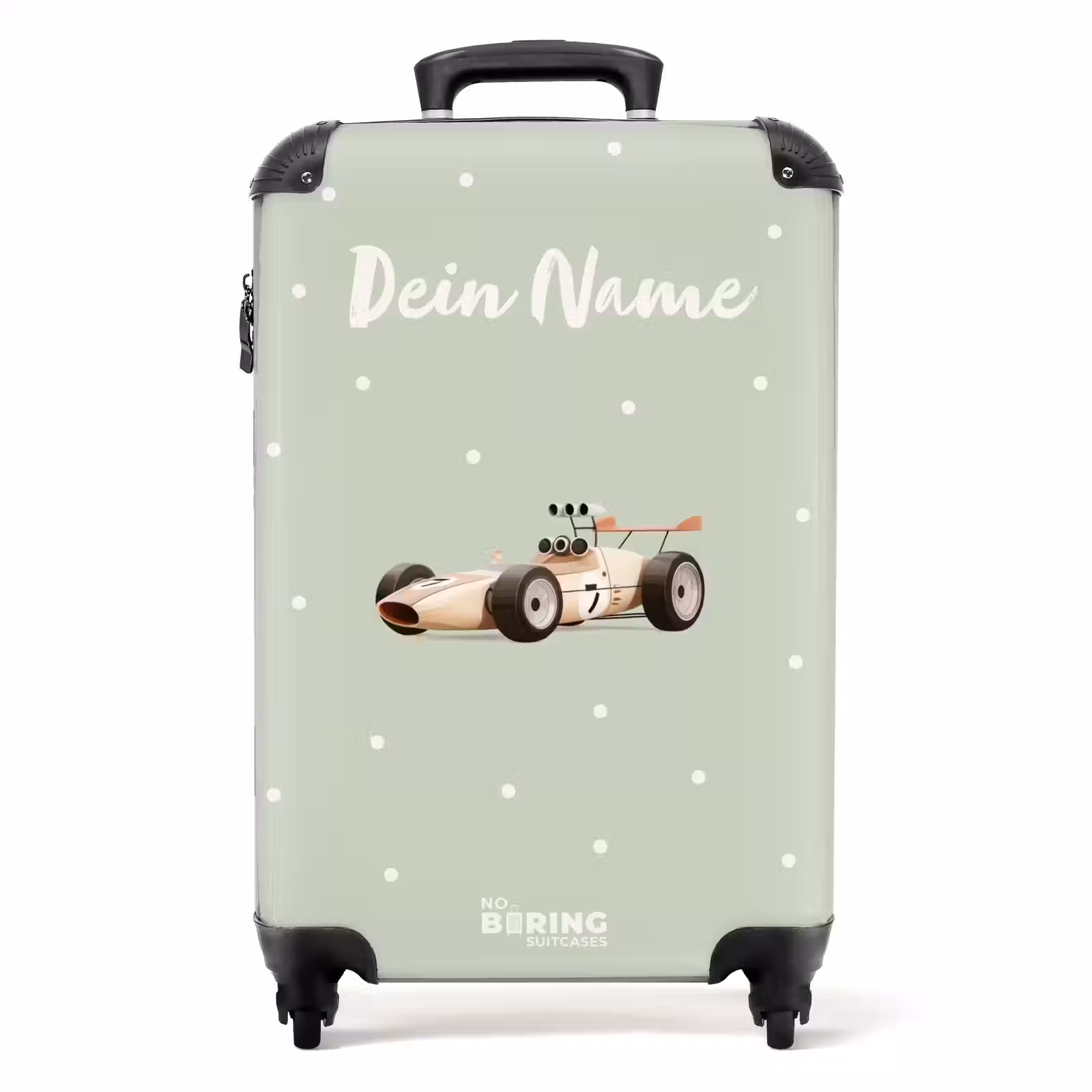Koffer mit Name - Beigefarbenes Retro-Rennauto auf grünem Polka-Dot-Hintergrund — 1