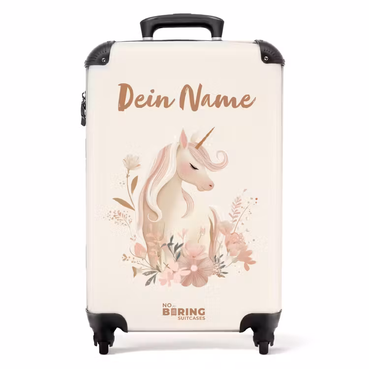 Koffer mit Name - Einhorn zwischen Blumen in rosa Pastellfarben — 1