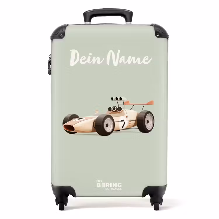 Koffer mit Name - Beiger Retro-Rennwagen auf grünem Hintergrund — 1