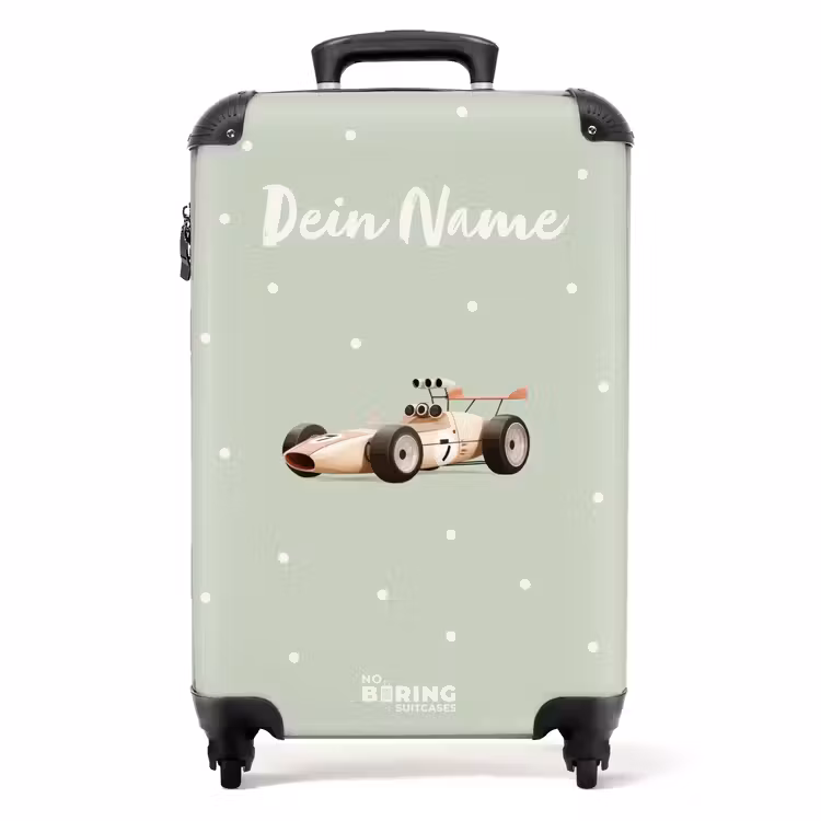 Koffer mit Name - Beigefarbenes Retro-Rennauto auf grünem Polka-Dot-Hintergrund — 1