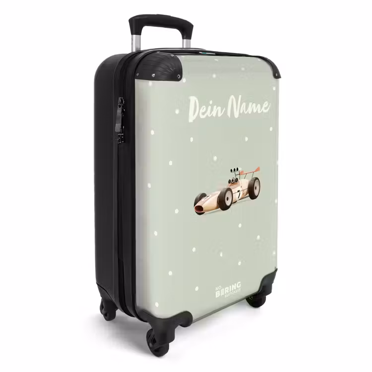 Koffer mit Name - Beigefarbenes Retro-Rennauto auf grünem Polka-Dot-Hintergrund — 2