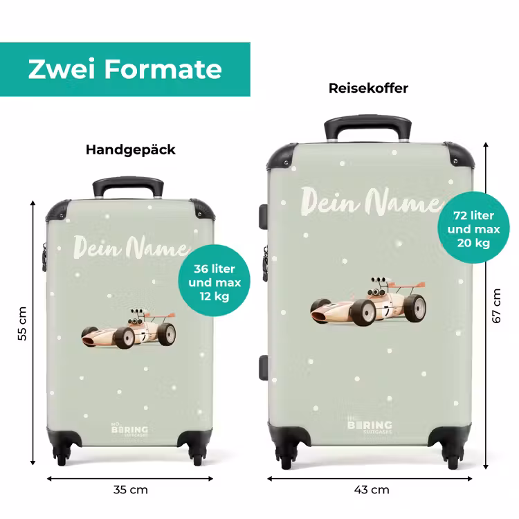 Koffer mit Name - Beigefarbenes Retro-Rennauto auf grünem Polka-Dot-Hintergrund — 7
