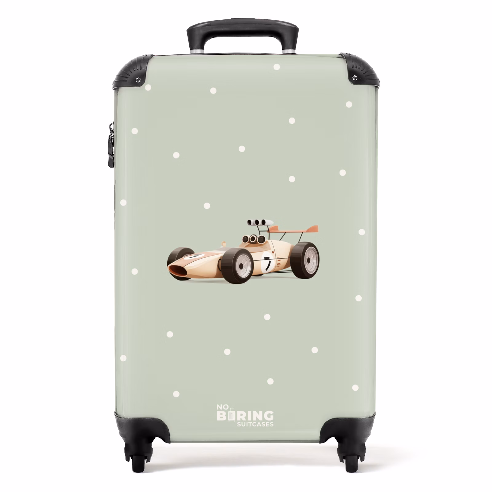 Koffer - Beigefarbenes Retro-Rennauto auf grünem Polka-Dot-Hintergrund — 1