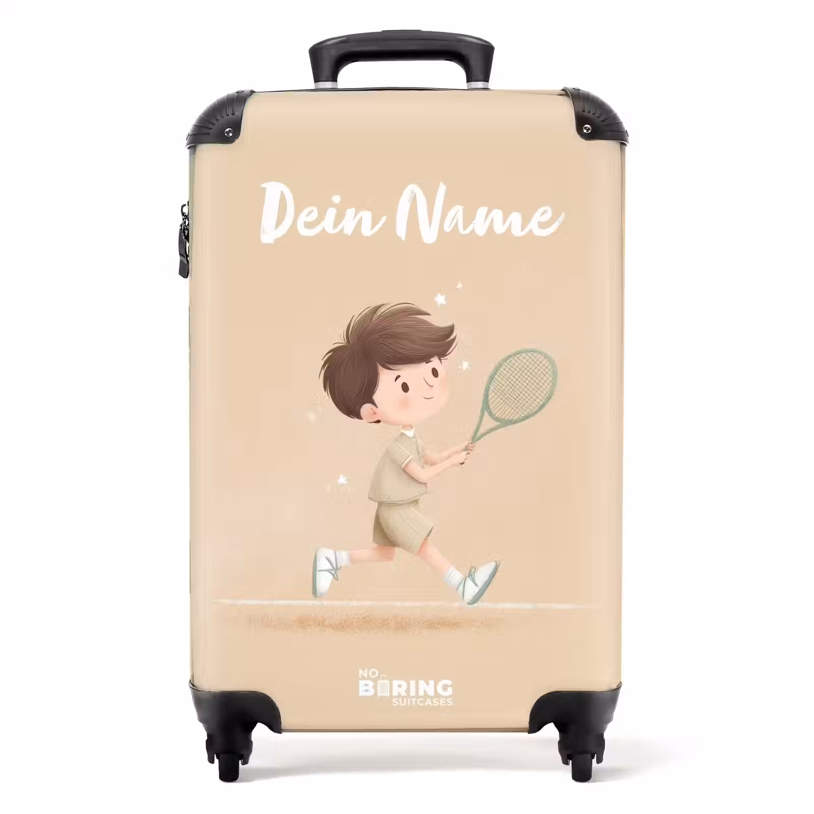 Koffer mit Name - Junge spielt Tennis auf sandfarbenem Hintergrund — 1