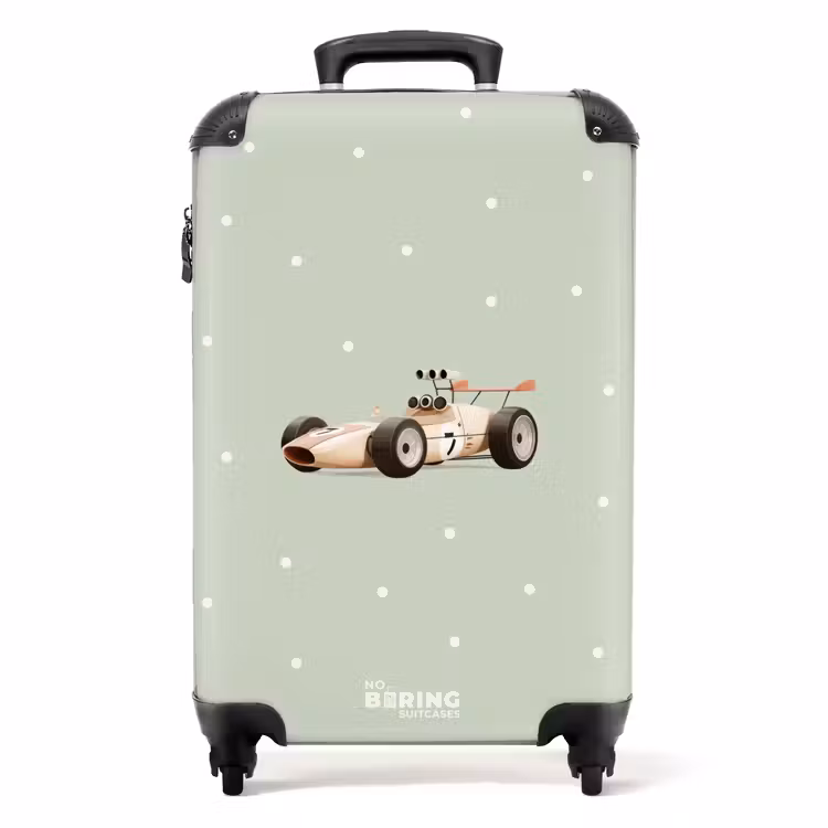 Koffer - Beigefarbenes Retro-Rennauto auf grünem Polka-Dot-Hintergrund — 1