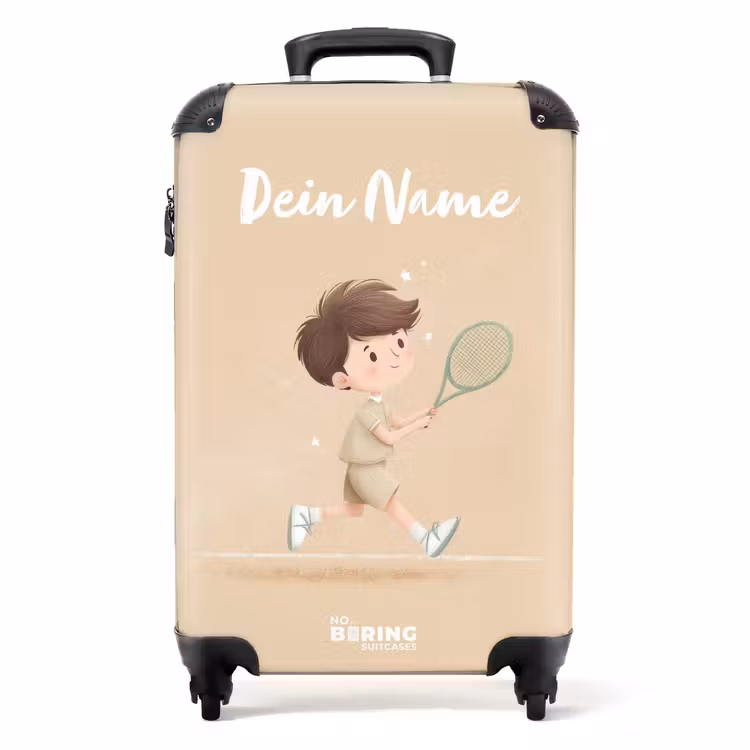 Koffer mit Name - Junge spielt Tennis auf sandfarbenem Hintergrund — 1