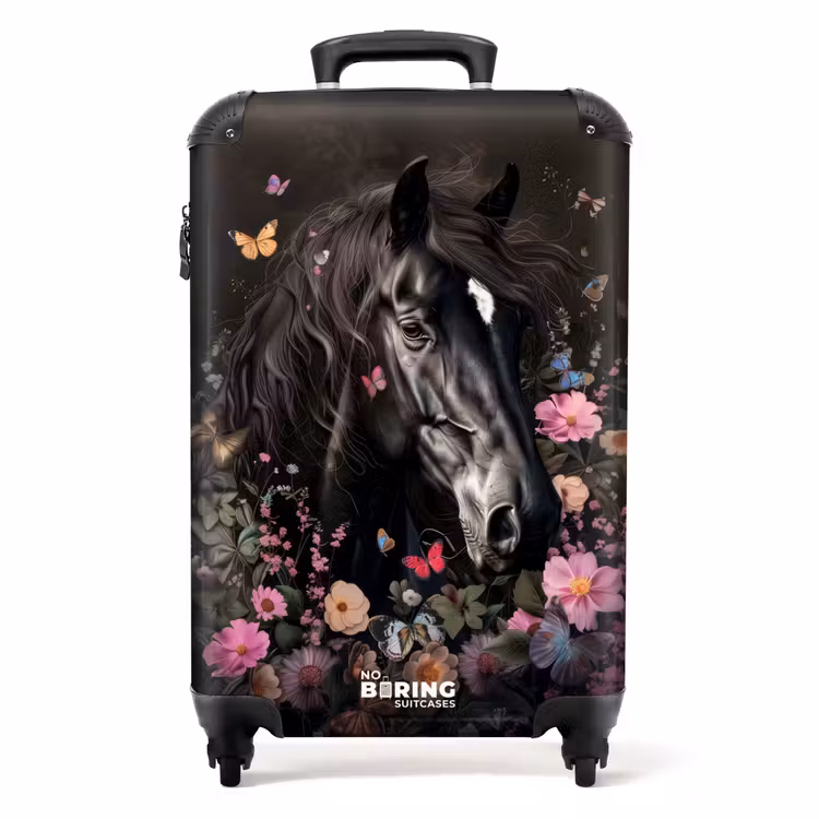 Koffer - Schwarzes Pferd mit weißer Blesse und bunten Blumen — 1