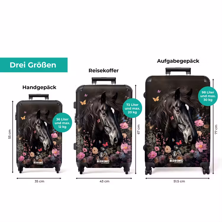 Koffer - Schwarzes Pferd mit weißer Blesse und bunten Blumen — 3