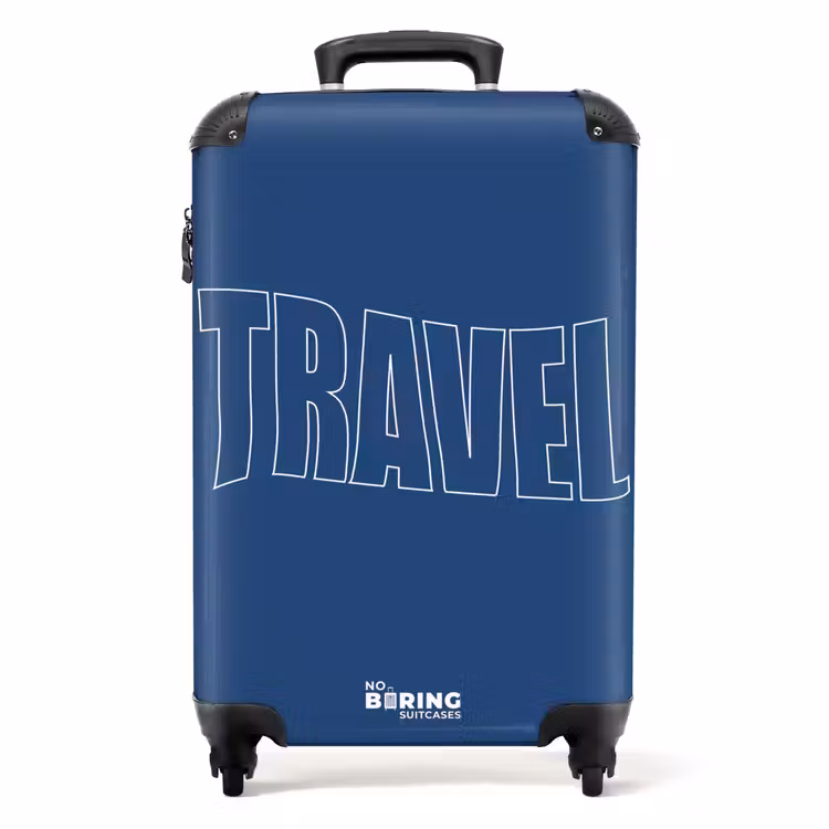 Koffer - Blauer Hintergrund mit großem Umriss Text Travel — 1