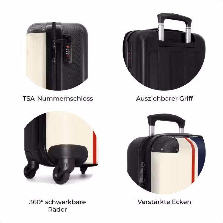 Koffer - Cremefarbener Hintergrund mit zentralem dreifarbigen Streifen und Text Travel — 7
