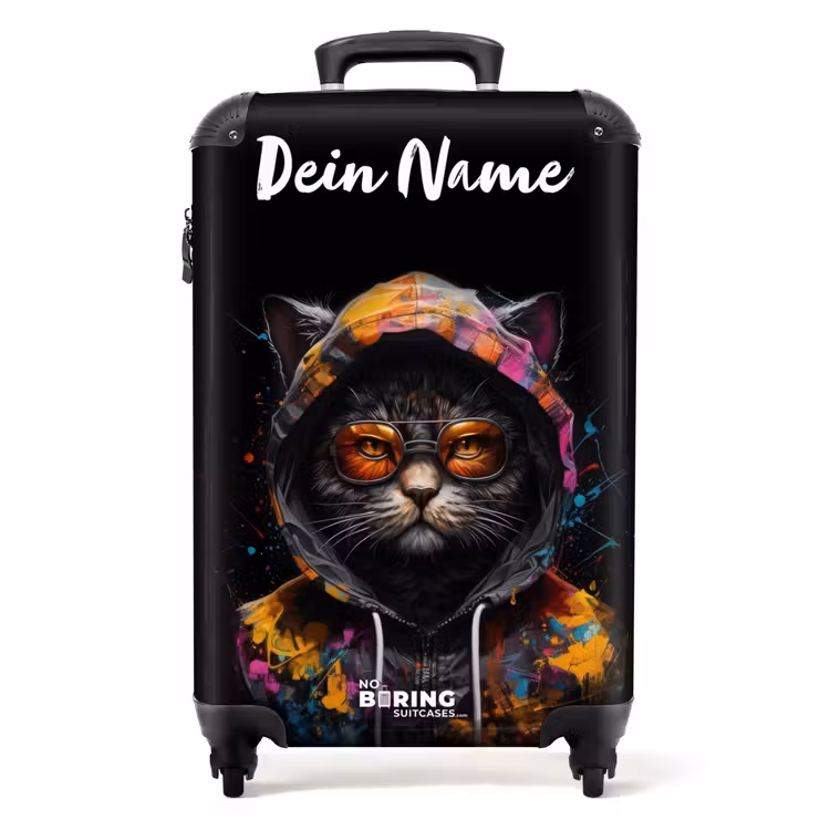 Koffer mit Name - Katze mit bunter Weste und orangefarbener Brille — 1