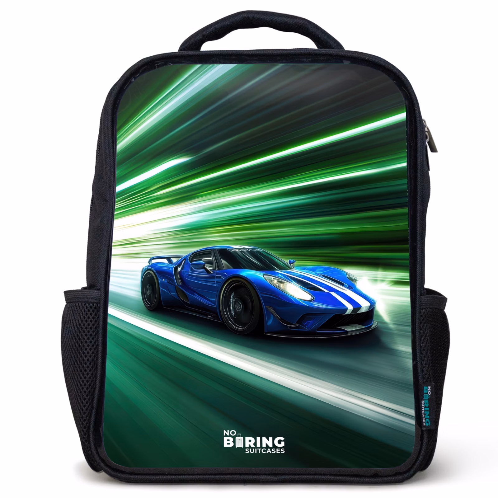 Kinderrucksack - Schwarz - Blauer Rennwagen mit Streifen in grünem Tunnel — 1