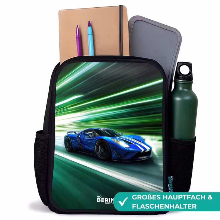 Kinderrucksack - Schwarz - Blauer Rennwagen mit Streifen in grünem Tunnel — 8