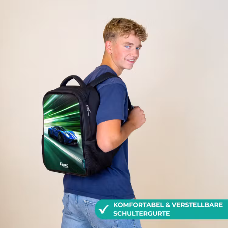 Kinderrucksack - Schwarz - Blauer Rennwagen mit Streifen in grünem Tunnel — 9
