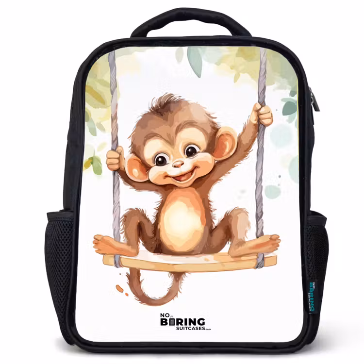Kinderrucksack - Schwarz - Fröhlicher Affe auf einer Schaukel Illustration — 1
