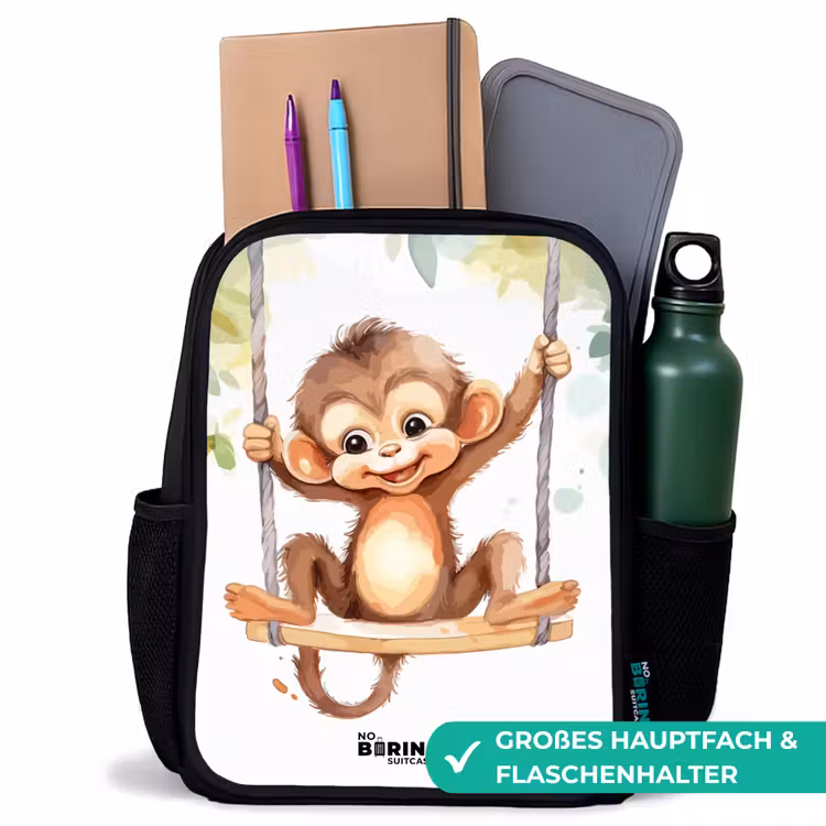 Kinderrucksack - Schwarz - Fröhlicher Affe auf einer Schaukel Illustration — 8