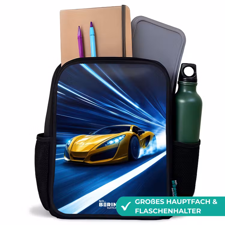 Kinderrucksack - Schwarz - Gelber Sportwagen im Lichttunnel der Geschwindigkeit — 8