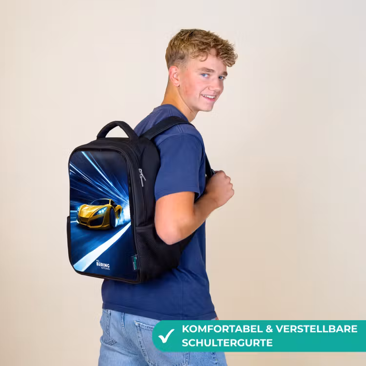 Kinderrucksack - Schwarz - Gelber Sportwagen im Lichttunnel der Geschwindigkeit — 9