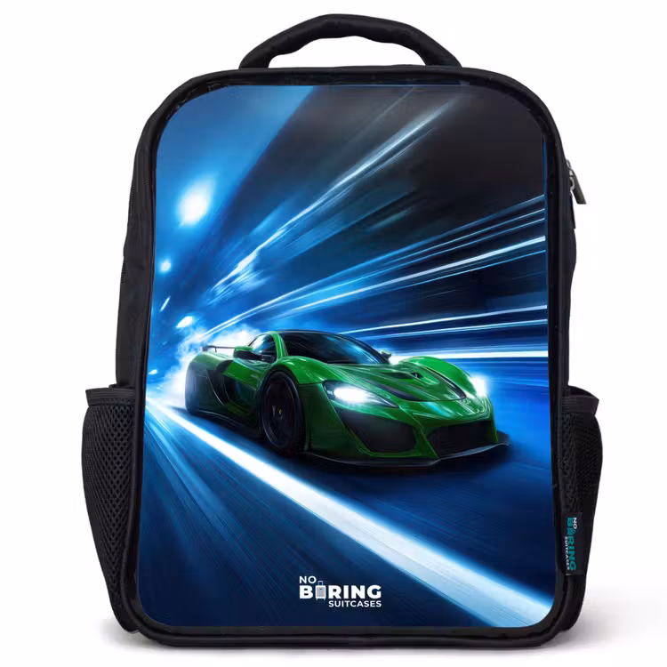 Kinderrucksack - Schwarz - Grünes Superauto blinkt durch Neonlichter — 1