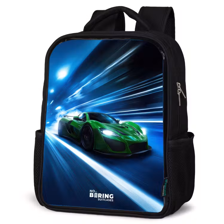 Kinderrucksack - Schwarz - Grünes Superauto blinkt durch Neonlichter — 4
