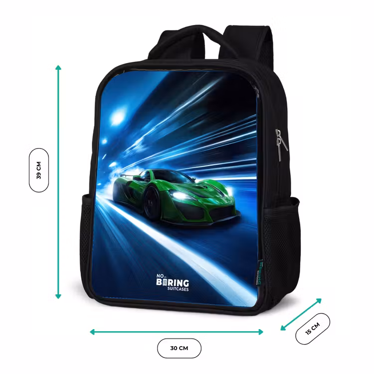 Kinderrucksack - Schwarz - Grünes Superauto blinkt durch Neonlichter — 6